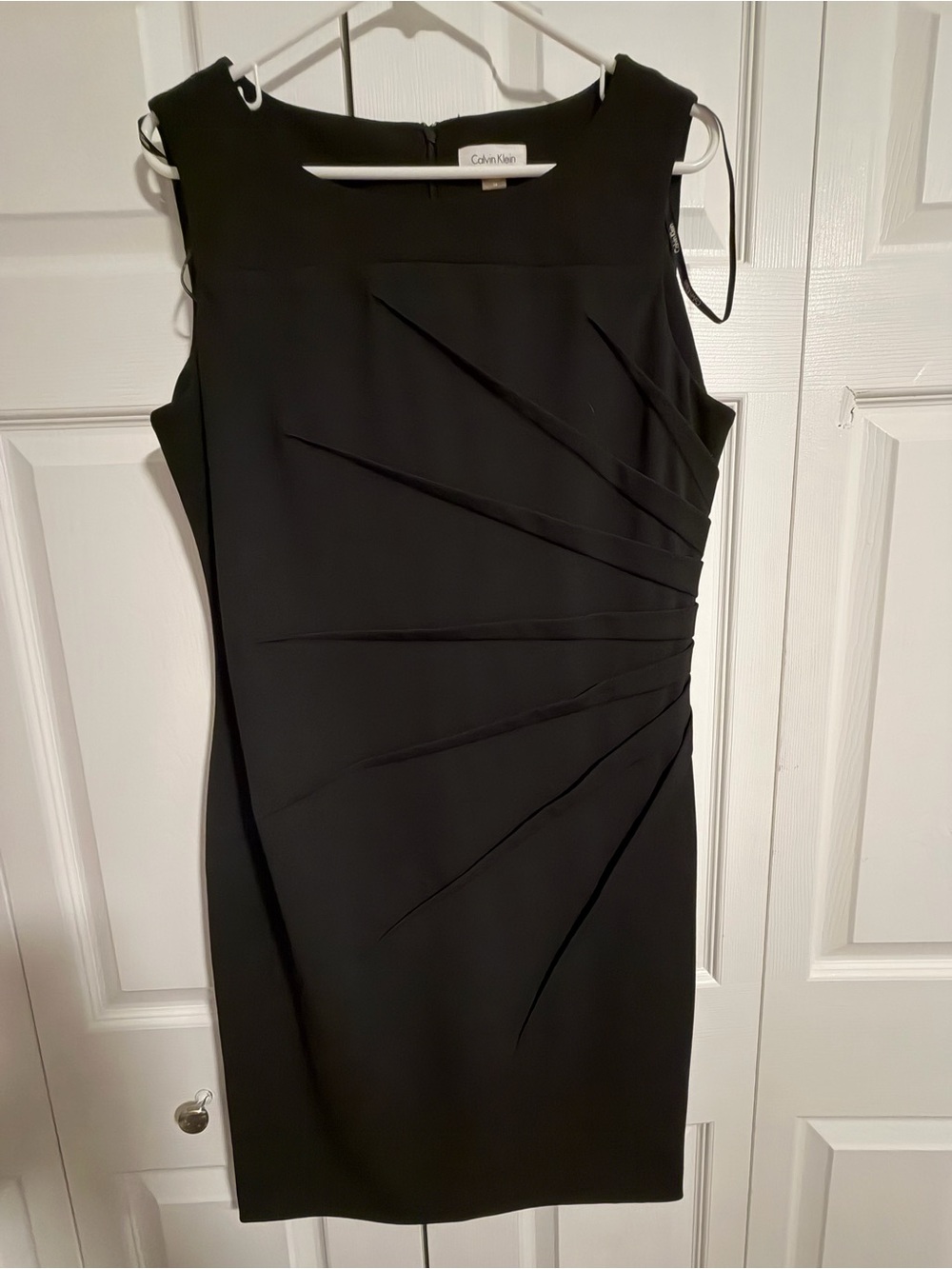 Calvin Klein Black Midi Sheath Dress with Radiating Pleat Details